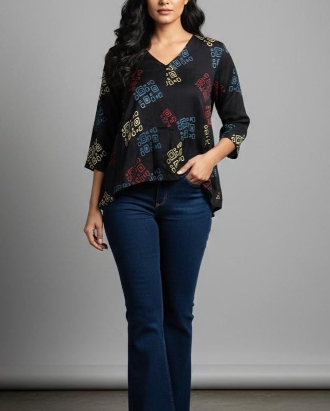 Black Printed V-Neck Top