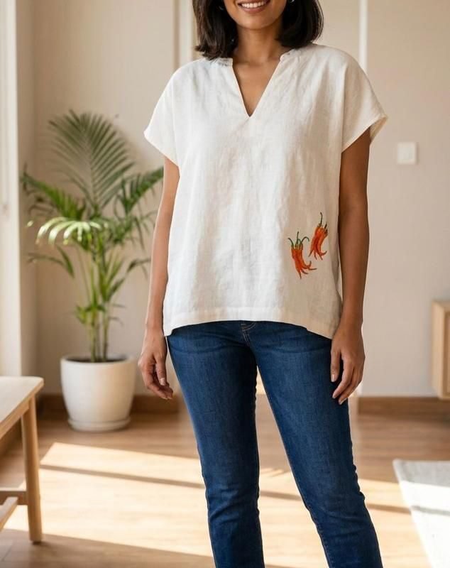 Linen Chili Embroidered Top