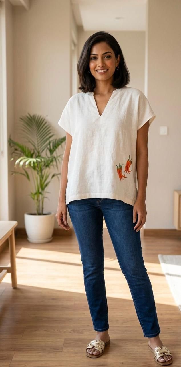 Linen Chili Embroidered Top