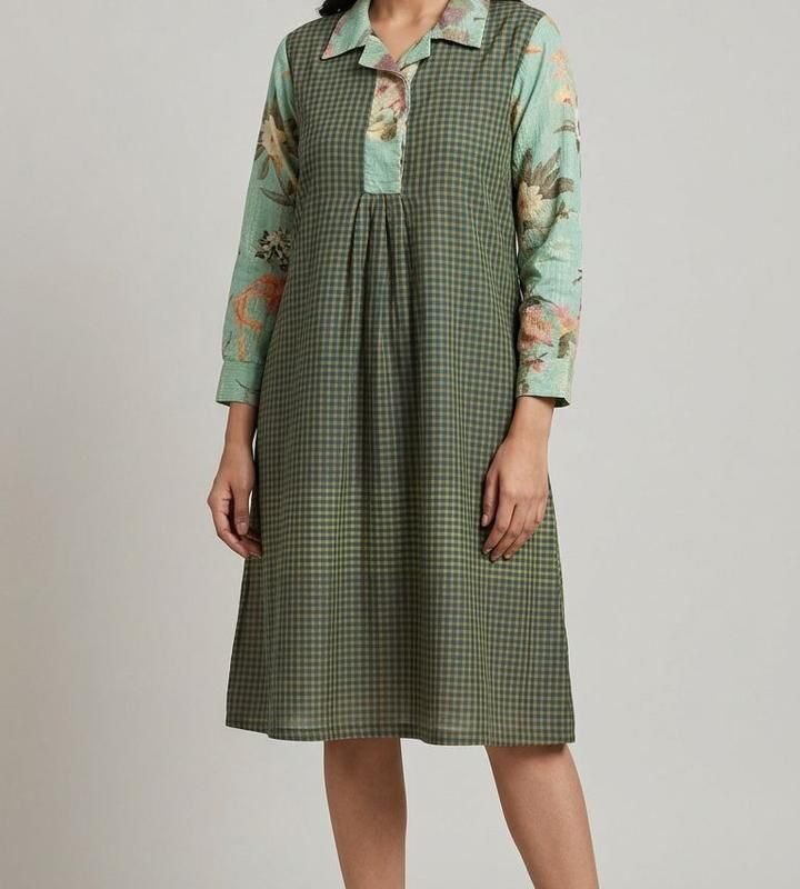 Floral Sleeve Gingham Midi Dress