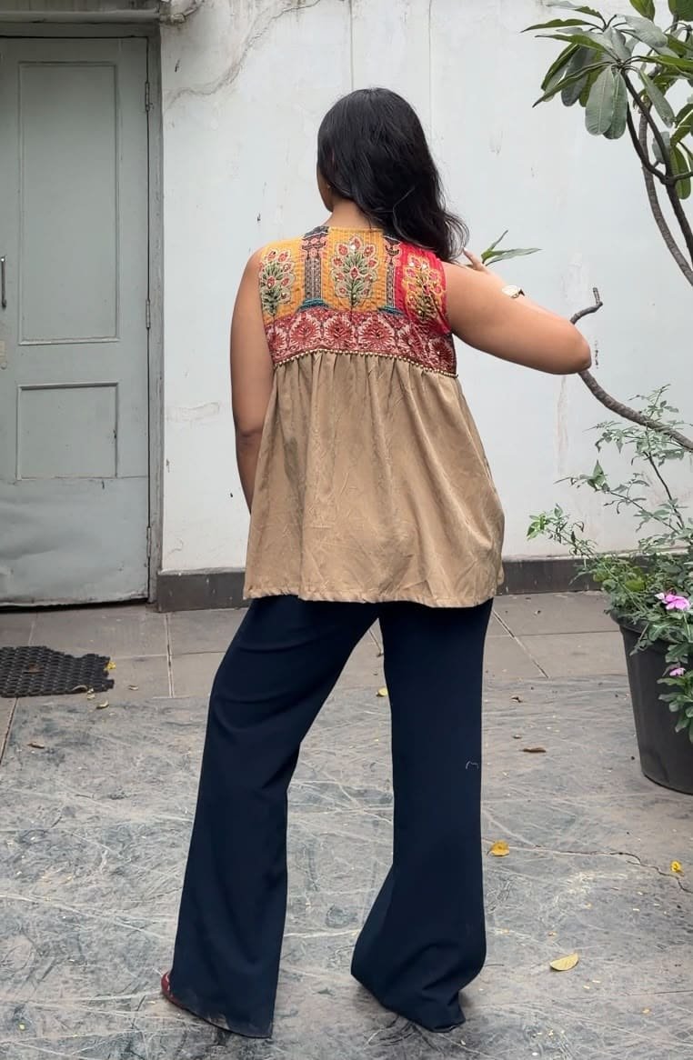 Beige Printed Yoke Top - Image 2