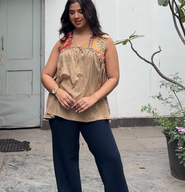 Beige Printed Yoke Top