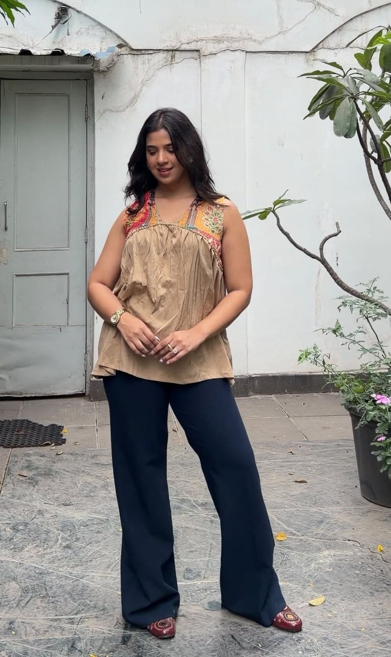 Beige Printed Yoke Top