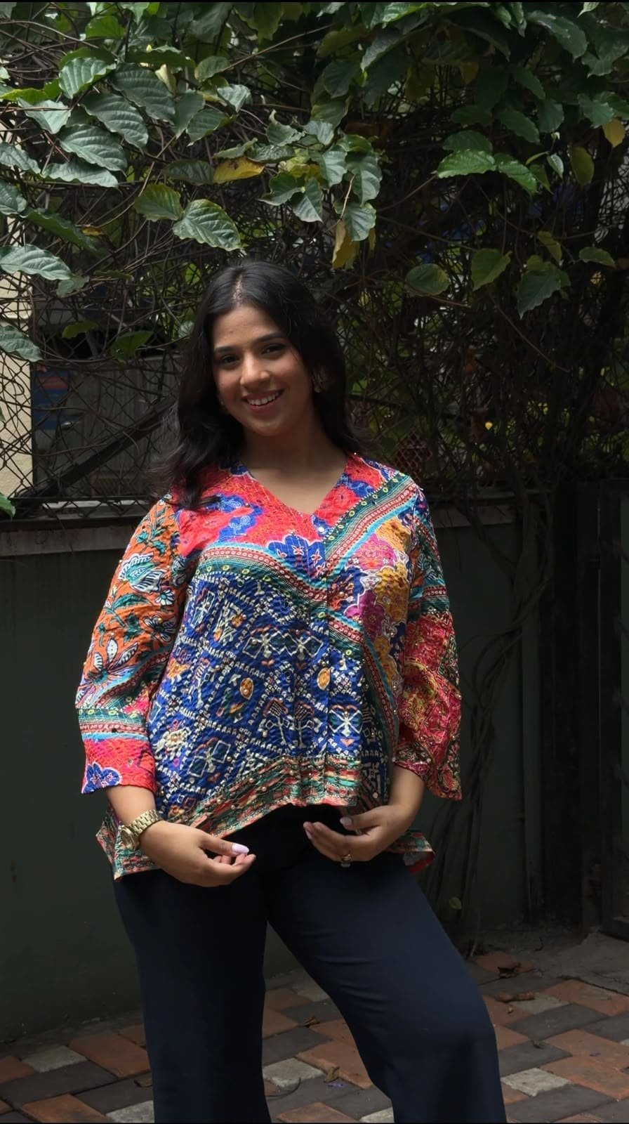 Blue & Pink Printed Flared Top