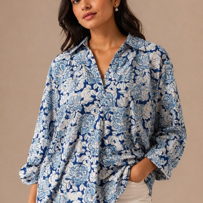 Blue Floral V-Neck Shirt