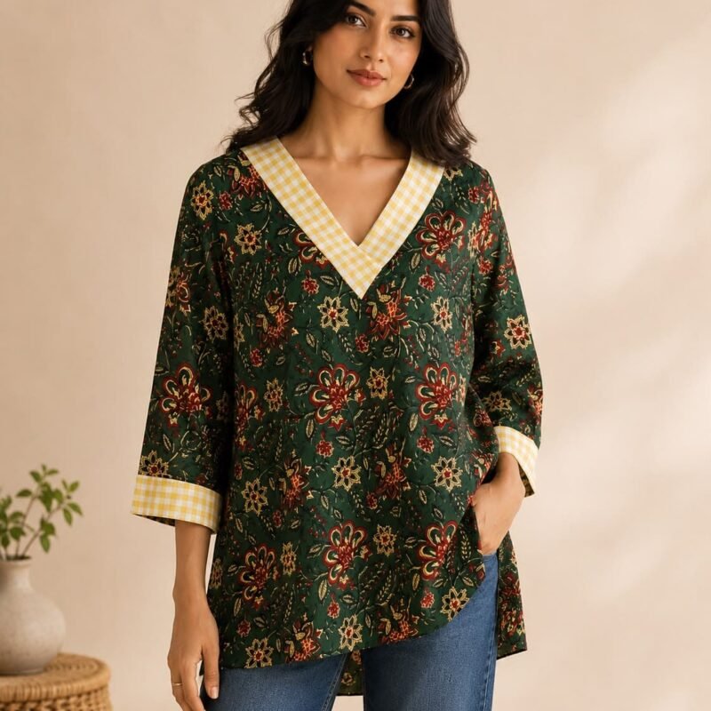 Green Printed V-Neck Top