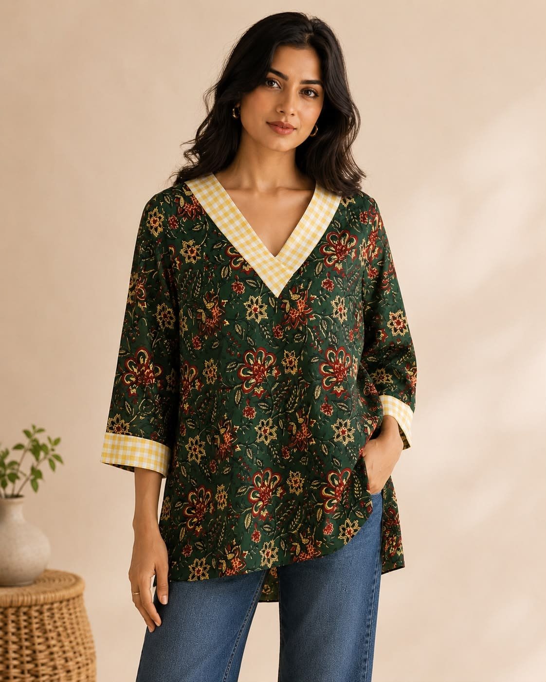 Green Printed V-Neck Top