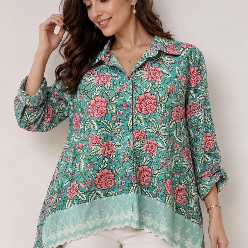 Aqua Floral High-Low Shirt
