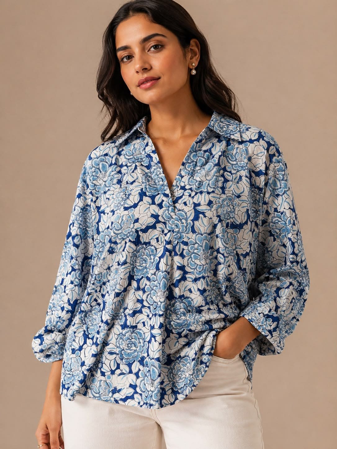 Blue Floral V-Neck Shirt