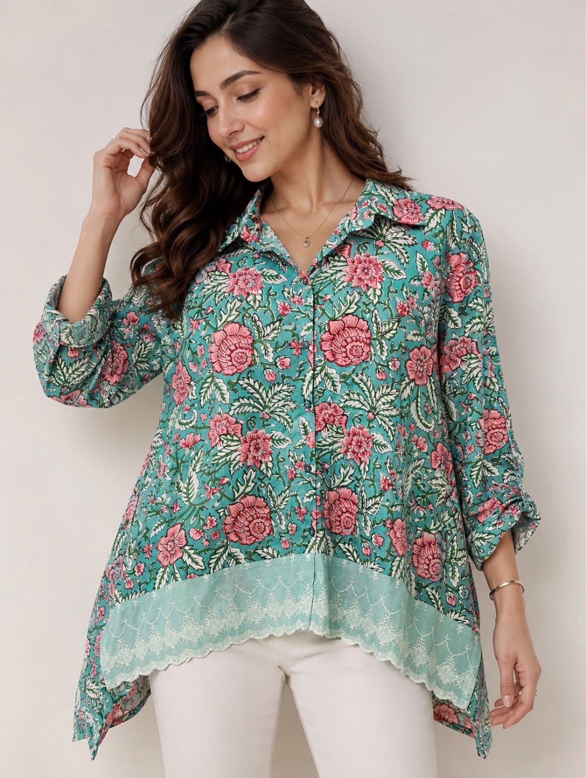 Aqua Floral High-Low Shirt